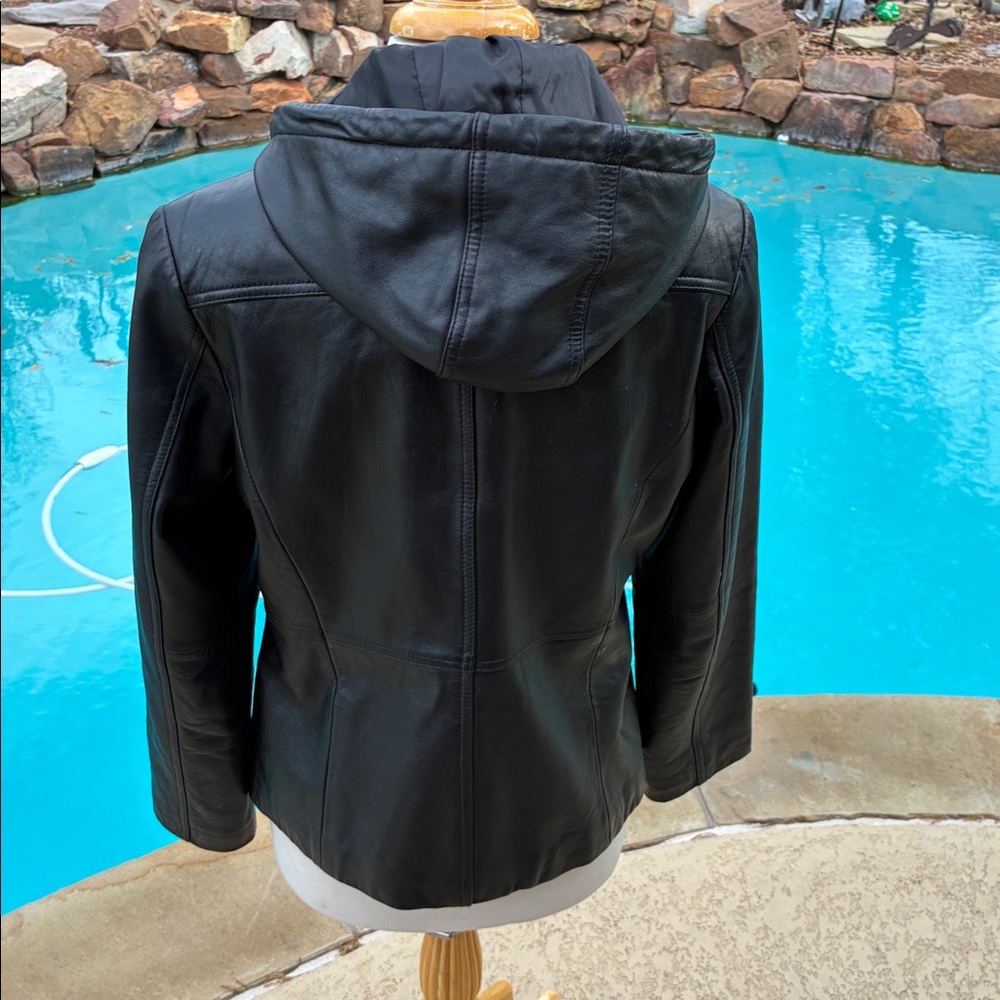 Kenneth Cole Reaction Black Hooded slimming Leather Jacket M - Picture 4 of 8